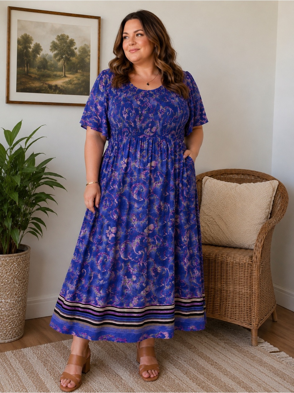 Vintage 90s More Jazz A Chorus Line Co. 2X Blue Paisley Smocked Dress